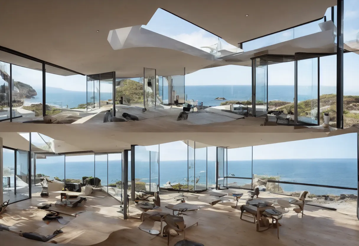 Image similar to Modern interior of a house with big windows, modern furniture at dawn, Located on a cliff view to the sea, detailed architecture coherent high detail