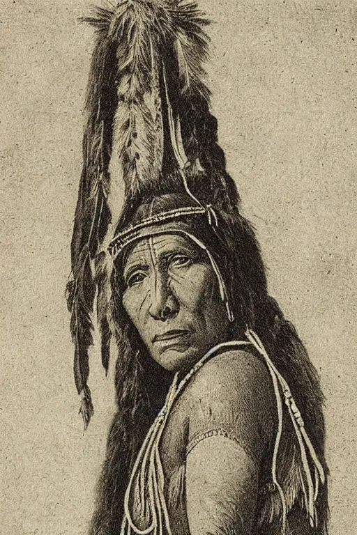 Image similar to “19th century wood engraving of a Native American indian woman, portrait, Nanye-hi Beloved Woman of the Cherokee, wearing a papoose showing pain and sadness on her face, ancient”