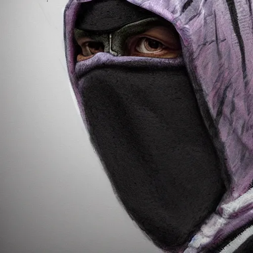 Image similar to ultra realistic illustration, man in a black hood, in a striped purple balaclava, mysterious, highly detailed, digital painting, artstation, concept art, smooth, sharp focus, illustration