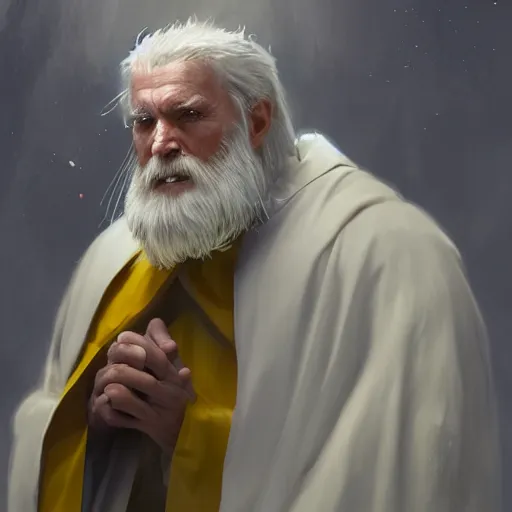 Image similar to 8k an elderly imperial priest with white and yellow vestments a long white beard and a worried and somewhat paranoid expression, by Raymond Swanland Greg Rutkowski Lise Deharm, intricate, masterpiece, sharp, digital art, ArtStation, CGStation, 4k