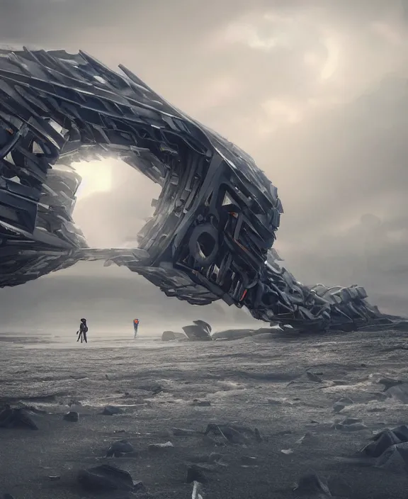 Image similar to surreal romantic mecha covenant deformation horizontal building, futuristic berserk white architecture in the beach in iceland, foggy, highly detailed, digital painting, arstation, concept art, hyperealistic octane render, unreal engine,