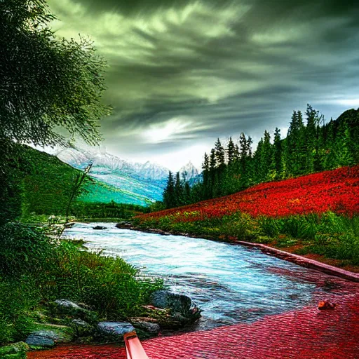 Image similar to A river flowing through an alpine Landscape, A red park bench illuminated, digital art
