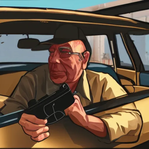 Prompt: old man in car holding gun, gta v art