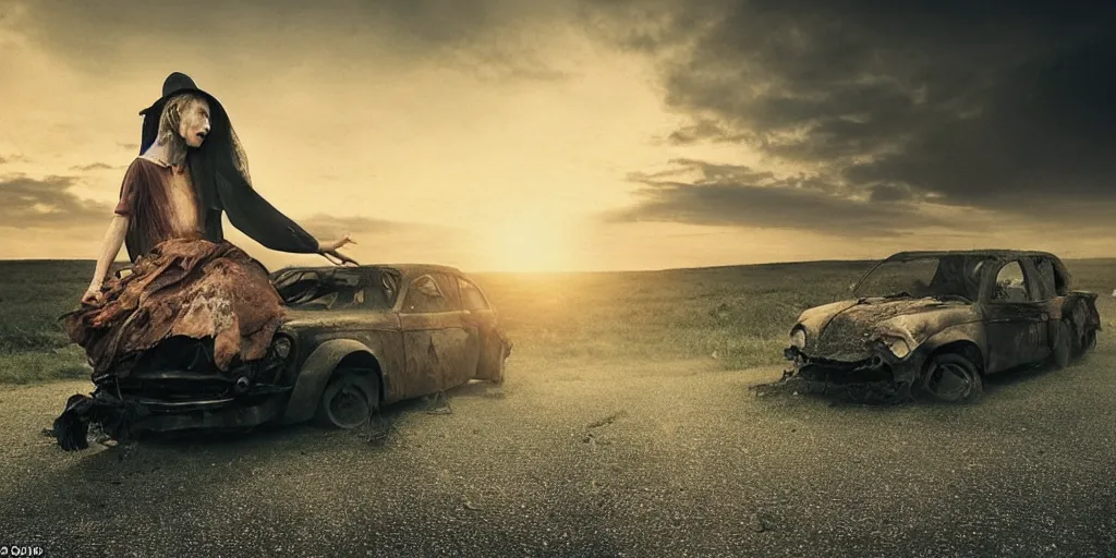 Prompt: a witch next to a broken down car on the side of the road, the sun is setting, magic hour, ominous, scary, evil, photograph by Nick Knight