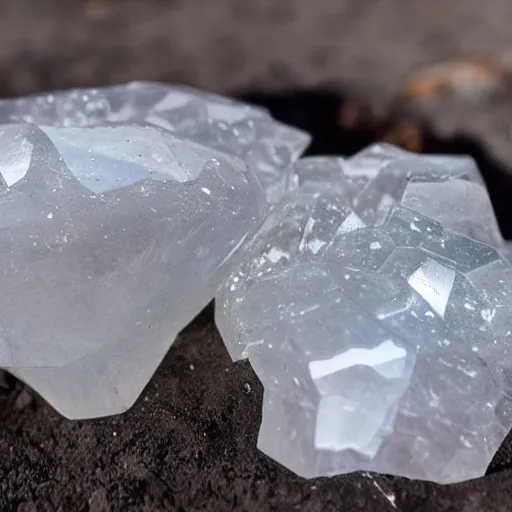 Prompt: giant clear quartz crystals that intersect each other in a large magical cave