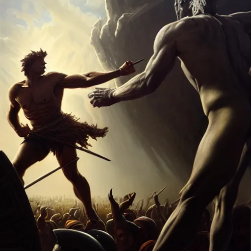 Image similar to highly detailed painting of julius caesar fighting a looming demigod, dramatic, sense of scale, stephen bliss, unreal engine, greg rutkowski, ilya kuvshinov, ross draws, hyung tae and frank frazetta, tom bagshaw, tom whalen, nicoletta ceccoli, mark ryden, earl norem, global illumination, god rays, windswept