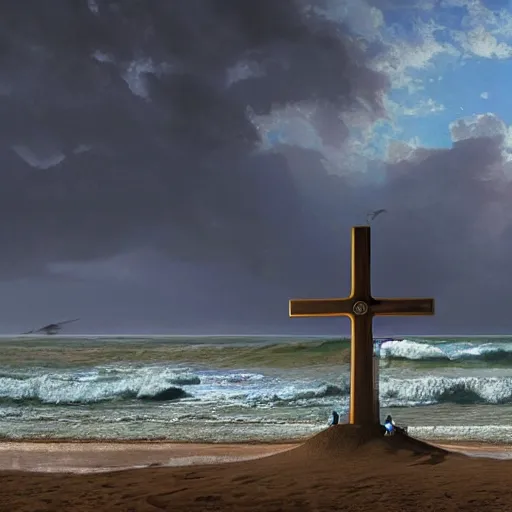 Image similar to a highly detailed render of a large cross standing on the beach as a storm comes in with the tide, woman sitting in the sand watching the ocean, epic fantasy, god rays, aerial photography, unreal engine, volumetric lighting, octane render, exquisite detail, 8 k, art by albert bierstadt and greg rutkowski and thomas moran and alphonse mucha