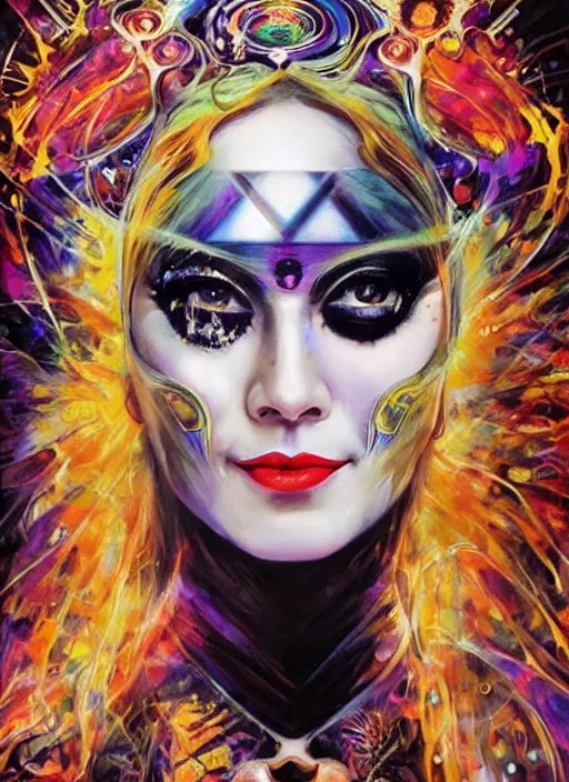 Image similar to collage of gorgeous magic cult psychic woman smiling, third eye, energetic consciousness psychedelic, epic surrealism expressionism symbolism, story telling, iconic, dark robed, oil painting, symmetrical face, dark myth mythos, by Sandra Chevrier Noriyoshi Ohrai masterpiece