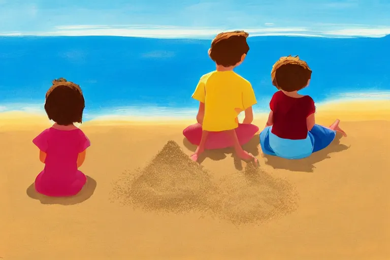 Prompt: Two happy children sitting on the beach making sandcastles, blue sky, HD, by Benji Davies