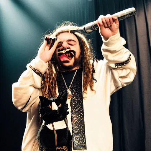 Prompt: post Malone dressing up as a cat girl, photograph on stage