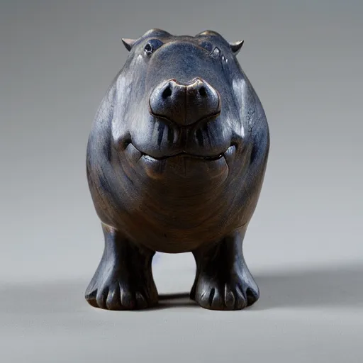 Prompt: a small hippo statue carved from natural wood on the bottom and polished blue resin on the top