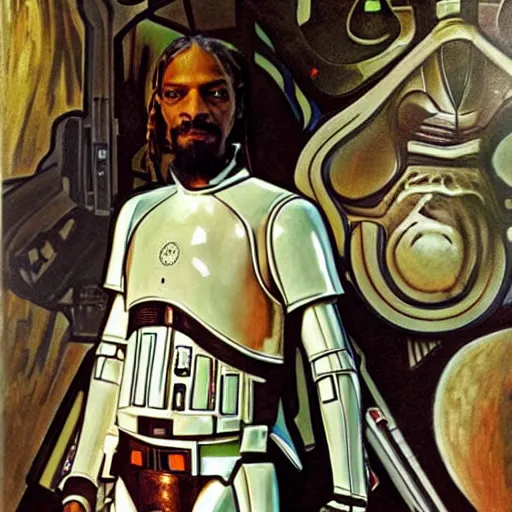 Prompt: Snoop dog selfie as a Star Wars stormtrooper, oil painting by Alphonse Mucha ,