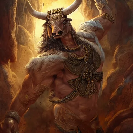 Image similar to digital painting of a minotaur as a high priest by filipe pagliuso and justin gerard, fantasy, highly, detailed, realistic, intricate