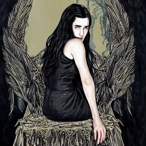 Prompt: young innocent jennifer connelly as innocent gothic beauty with black feathers instead of hair, eyes closed, mutant, sad, feathers growing out of skin, sitting in opulent chair, romantic, comic book cover, vivid, beautiful, illustration, highly detailed, rough paper, dark, oil painting