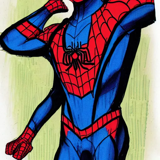 Prompt: a colored sketch of a non - canonical spider - man suit inspired by gianni versace's fashion designs