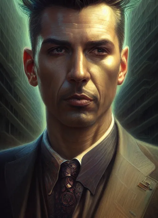 Image similar to closeup portrait shot of a male detective in a scenic cyberpunk environment, intricate, elegant, highly detailed, centered, digital painting, artstation, concept art, smooth, sharp focus, illustration, artgerm, tomasz alen kopera, peter mohrbacher, donato giancola, joseph christian leyendecker, wlop, boris vallejo