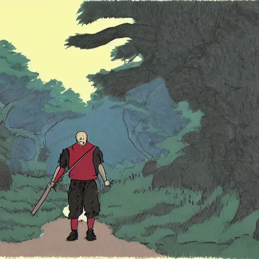 Image similar to jason voorhees at woodstock, studio ghibli landscape