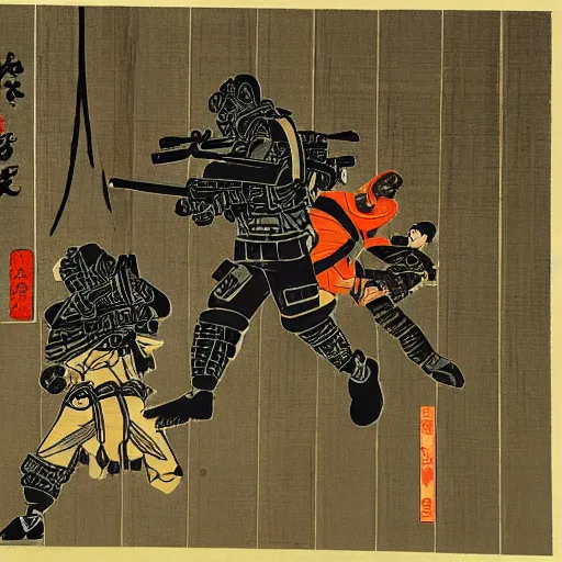 Prompt: the videogame arma 3 depicted as a japanese woodblock print