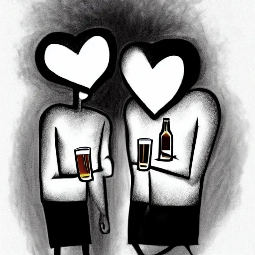 Image similar to two beautiful chad men drinking beers, many white hearts, friendship, love, sadness, dark ambiance, concept by Godfrey Blow, featured on deviantart, drawing, sots art, lyco art, artwork, photoillustration, poster art