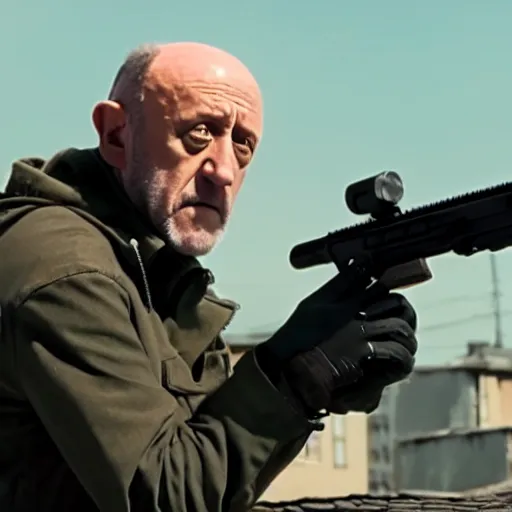 Image similar to Film still of Mike Ehrmantraut aiming with a sniper rifle on a rooftop, 4k, highly detailed