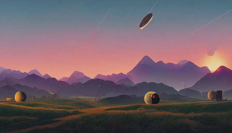 Image similar to space antennas, sun in the sky, early morning, open field, mountains in the background, hexagon blocking the sun, simon stalenhag, art deco painting