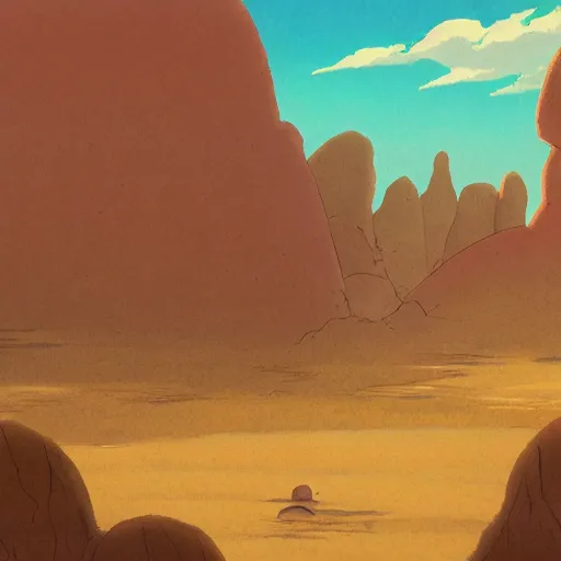 Image similar to desert scene, red sun, fantasy art, illustration, animated film, by studio ghibli