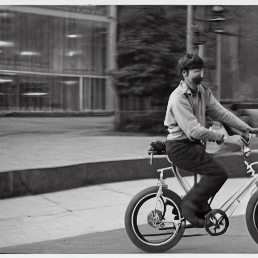 Prompt: a man riding a walrus powered bicycle prototype, kodachrome, 3 5 mm f 1. 4 lens, depth of field, dramatic lighting, masterpiece