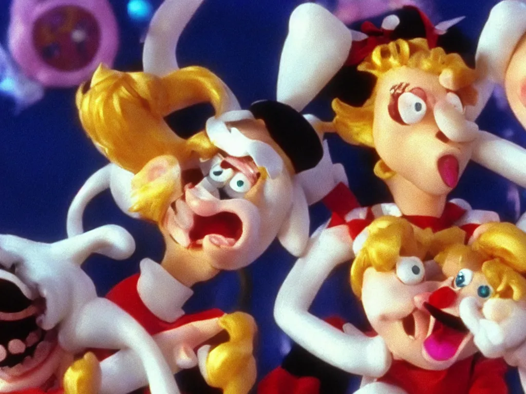 Image similar to Sailor Moon in Wallace and Gromit, extreme close-up of the panic scene, sheer terror and desperation