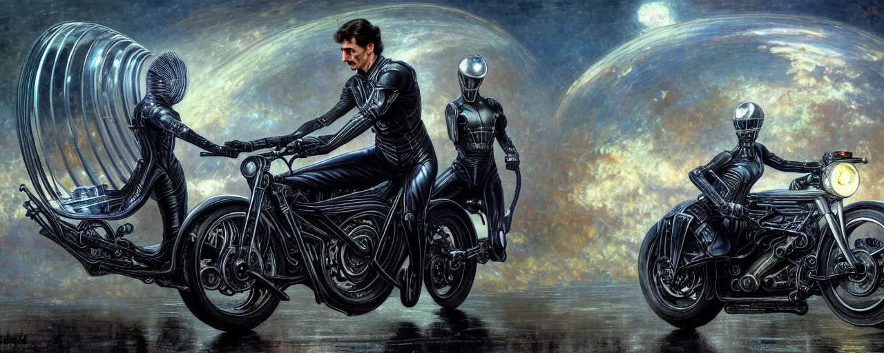 Image similar to nikola tesla riding a futuristic motorbike designed by h. r. giger, rule of thirds, uhd 8 k, high detail, masterpiece, cinematic, bokeh, hyperdetailed, photorealistic, hyperrealism, intricate, by stanley artgerm lau, greg rutkowski, thomas kindkade, alphonse mucha, loish, norman rockwell