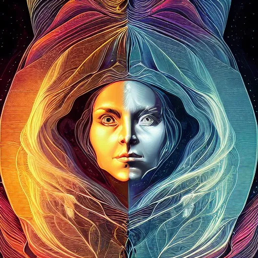 Image similar to beautiful portrait of intelligence of science, spatial space deformation in latent space, math art, astral plane, by artgerm and dan mumford and gustave dore