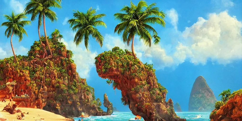 Image similar to ”mysterious caribbean island with a huge carved cliff that resembles a primitive monkey’s head with a mouth as an entrance to a cave inside, [palm trees, beach, wide angle, side view, cinematic, monkey island, art by wlop and paul lehr]”