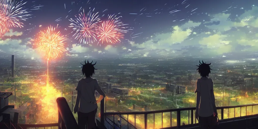 Prompt: realistic building, fireworks, wide landscape, eva, war, lonely, art by makoto shinkai