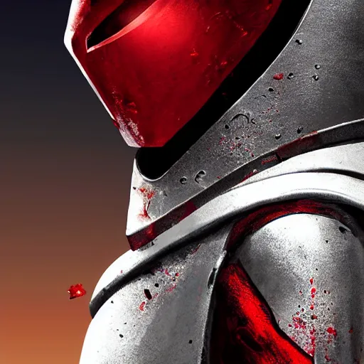 Image similar to a towering soldier with vertical nose slits, wearing blood - spattered glossy sleek white dinged scuffed armor and a long torn red cape, heroic posture, battle - weary, strained expression, determined expression, no helmet, on the surface of mars, dramatic lighting, cinematic, sci - fi, hyperrealistic, detailed