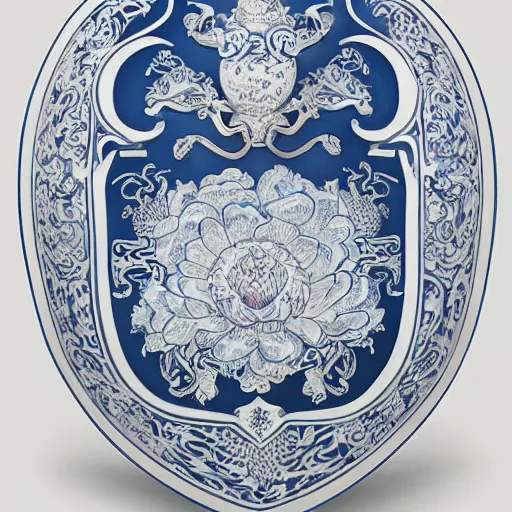 Prompt: A Shield: Clear white texture with artistically executed decorations of peonies foliated scrolls dragons and medallions in white reserve on an opaque mazarine blue ground. Capped with metal