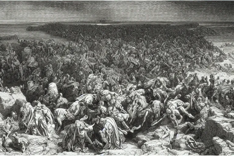 Image similar to aerial view, the biblical crossing of the red sea, Gustave Dore lithography