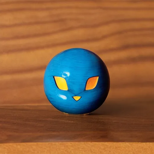 Image similar to a zoomed out studio product shot of a rounded carved smooth cherry wood and resin pokemon umbreon in profile, like a catalog photograph, where distinct sections of the carving are blue resin, but is mostly wood, with a smooth featureless minimalist short wooden nose with no nostrils, and a round minimalist behind