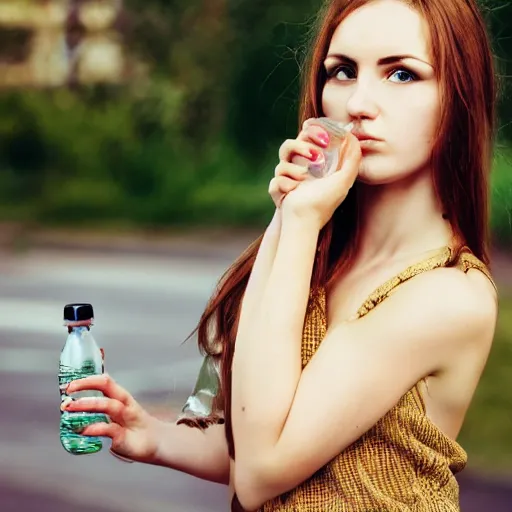 Image similar to lomo photograph, intricate detail, hyper detail, young beautifull woman, very tired, full body potrait holding bottle, hazel green eyes, realistic, highlydetailed, natural, model shoot, masterpiece, sharp focus,