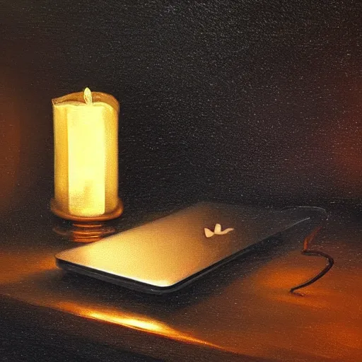 Prompt: a close - up of a macbook laptop on a candle - lit table. painting in the style of rembrandt