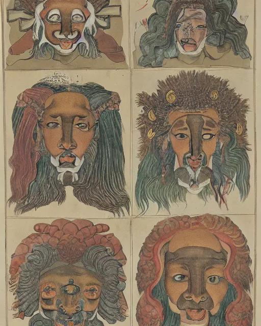 Prompt: zmei gorynich with four heads. one human head, second eagle head, third lion head, fourth ox head. drawn