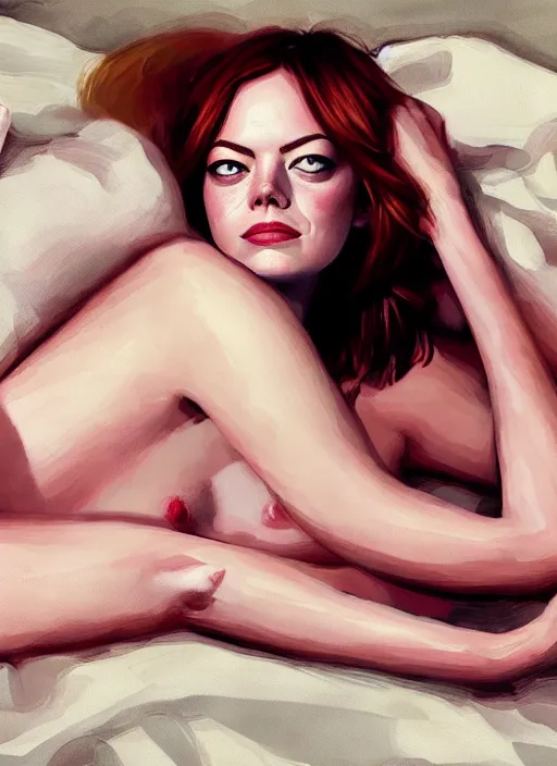 Prompt: emma stone lying in bed with clothes on, backround dark, highly detailed, digital illustration, trending in artstation, modern painting, smooth, sharp focus, intricate, einar jonsson, ilya repin