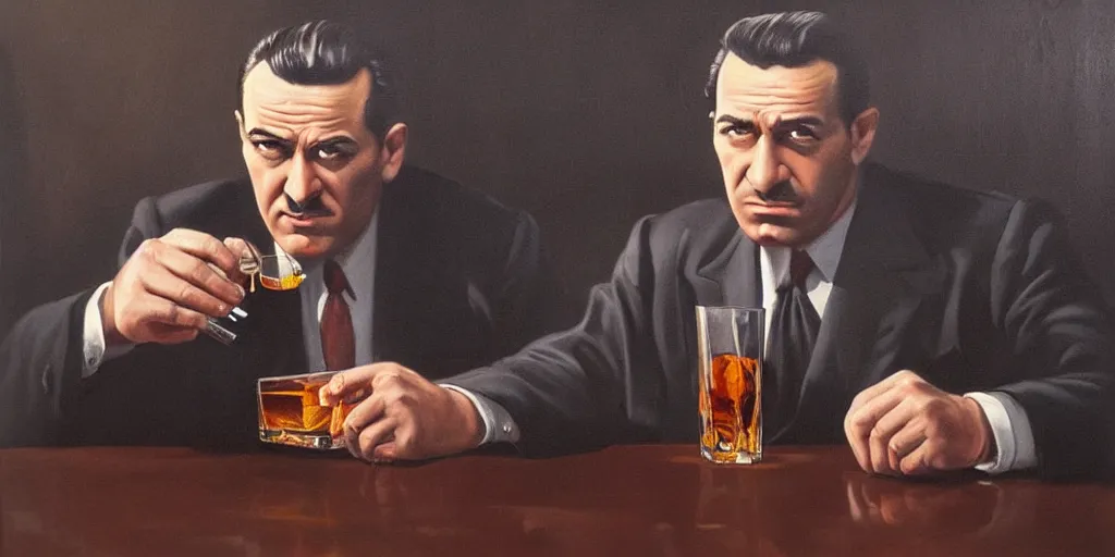 Prompt: beautiful oil matte portrait painting : mafia boss. holding a glass of whiskey. at 5 0 s new york office desk. wonderful masterpiece. highly detailed, no doubles