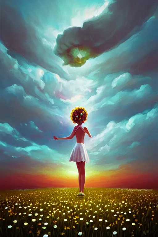 Image similar to giant white daisy flower as head, girl dancing in a flower field, surreal photography, sunrise, dramatic light, impressionist painting, colorful clouds, digital painting, artstation, simon stalenhag