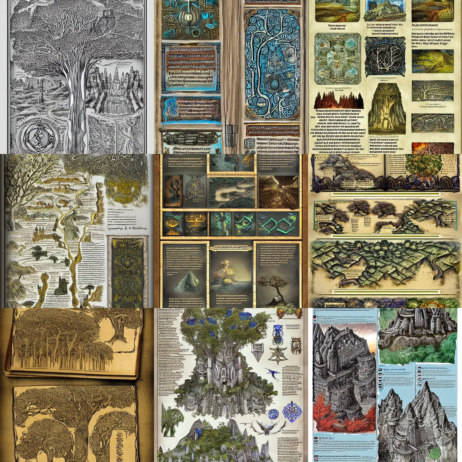 Prompt: infographic, Detailing pages from the fantasy ancient book, accurate, book of magic, white paper, black ink with colors underneath, trees on pages, ancient city plan, informative graphs and diagrams, insanely detailed and intricate, no blur, by Timur Khabirov, trending on artstation