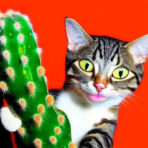 Prompt: A cat licking a cactus