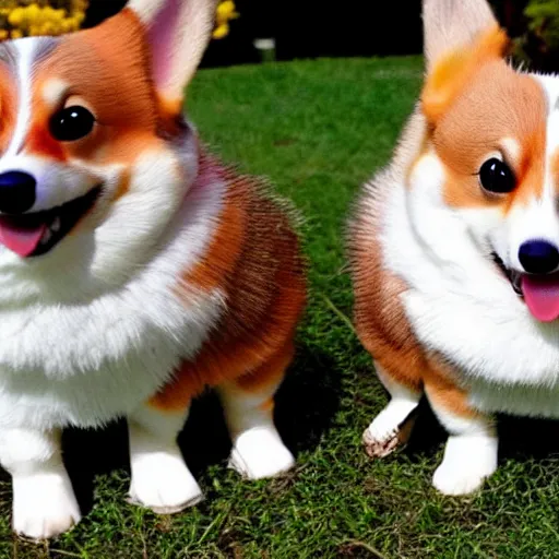 Prompt: double corgi, double happy , photorealistic, very detailed, jumping up in the air, big eyes.