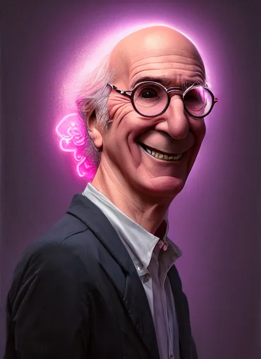 Image similar to portrait of larry david, realistic, skinny, smile, ugly, defined jawline, big chin, pink hair bow, intricate, elegant, glowing lights, highly detailed, digital painting, artstation, sharp focus, illustration, art by wlop, mars ravelo and greg rutkowski