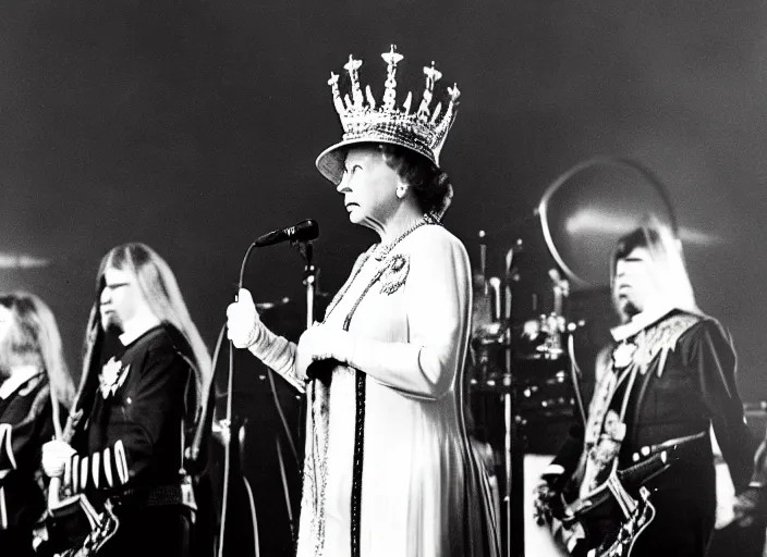 Image similar to publicity photo still of queen elizabeth in a death metal band playing live on stage, 8 k, live concert lighting, mid shot