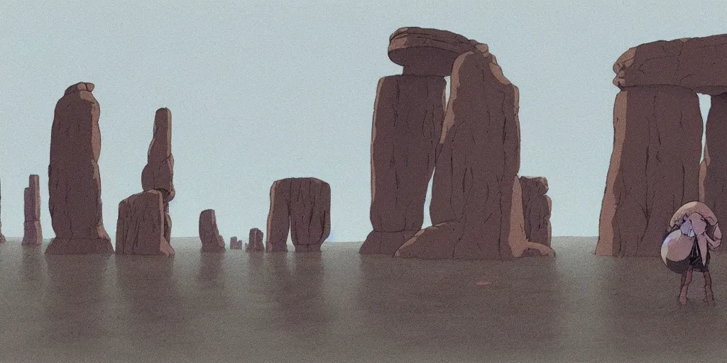 Image similar to a realistic cell - shaded studio ghibli concept art from paprika ( 2 0 0 6 ) of a hairless ape from close encounters of the third kind ( 1 9 7 7 ) in a flooded monument valley stonehenge. very dull colors, wide shot, hd, 4 k, hq