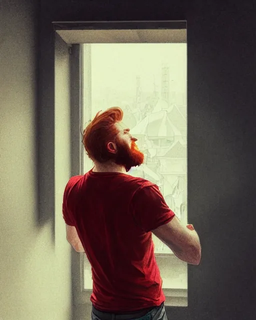 Image similar to low angle of attractive red - headed bearded man wearing a white t - shirt looking out the window expectantly, a smile on his lips, highly detailed, digital painting, artstation, concept art, smooth, sharp focus, illustration, art by artgerm, greg rutkowski, alphonse mucha, j. c. leyendecker
