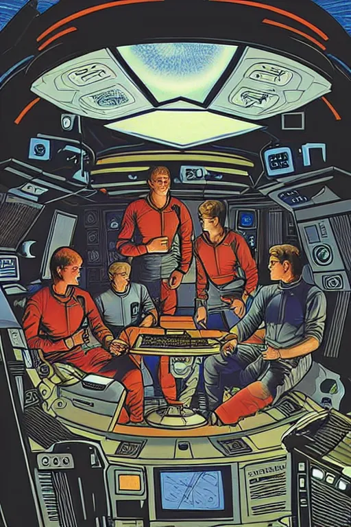 Image similar to an illustration of the crew of a spaceship are huddled over a glowing console, by barclay shaw